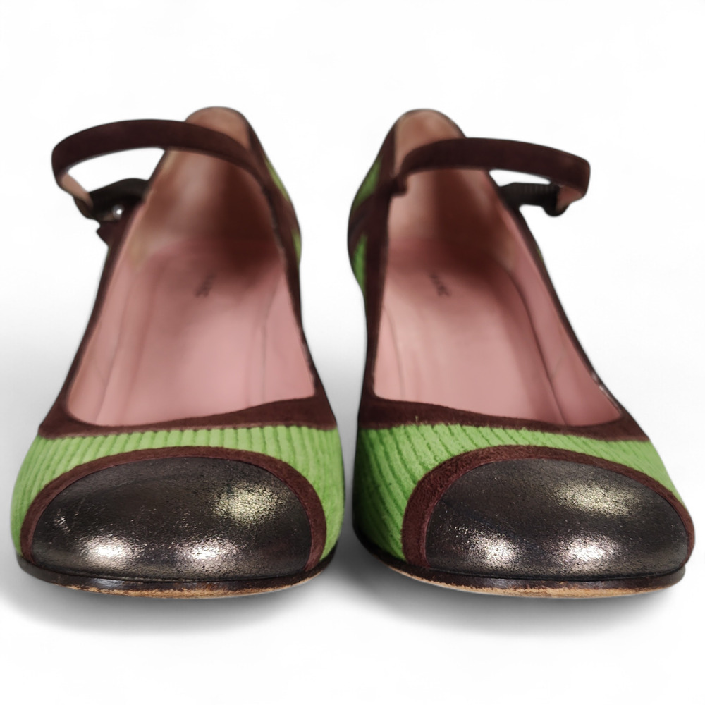 Marc Jacobs Mary Jane Heels 39.5 Green Corduroy Brown Suede Metallic Toe Italy - Picture 6 of 12